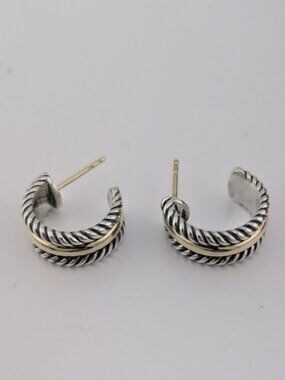 David Yurman 14k Gold and Sterling Silver Thoroughbred Cable Hoop Earrings